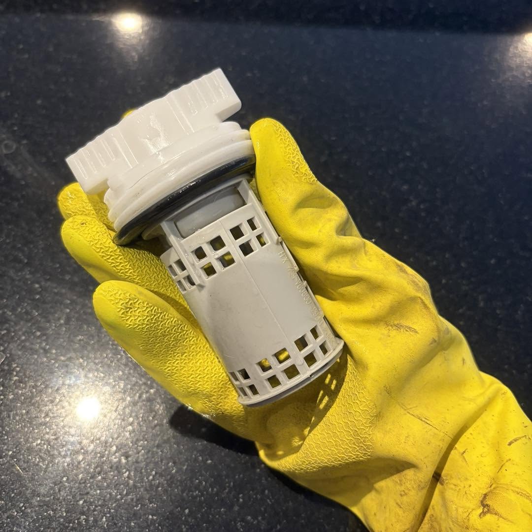 Clean white drain cartridge after scrubbing